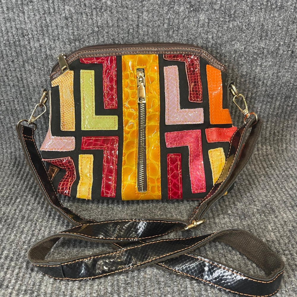 Chaos Leather Patchwork Abstract Crossbody Bag Colorful Embossed Textured Retro